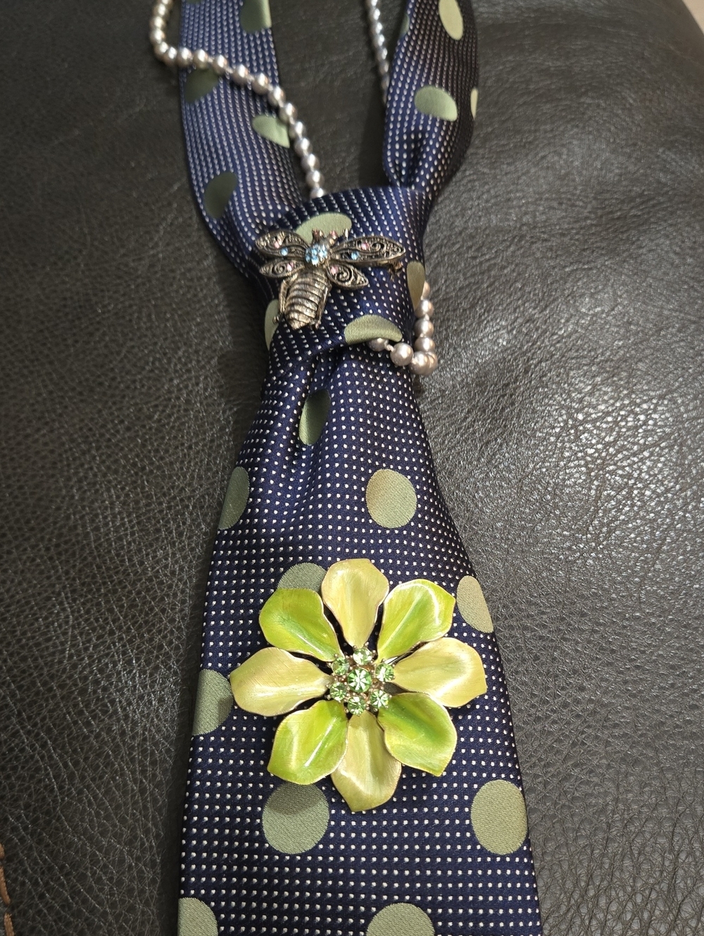 Perry Ellis Tie With Lime Green Accents With Colorful Brooch's And Pearls